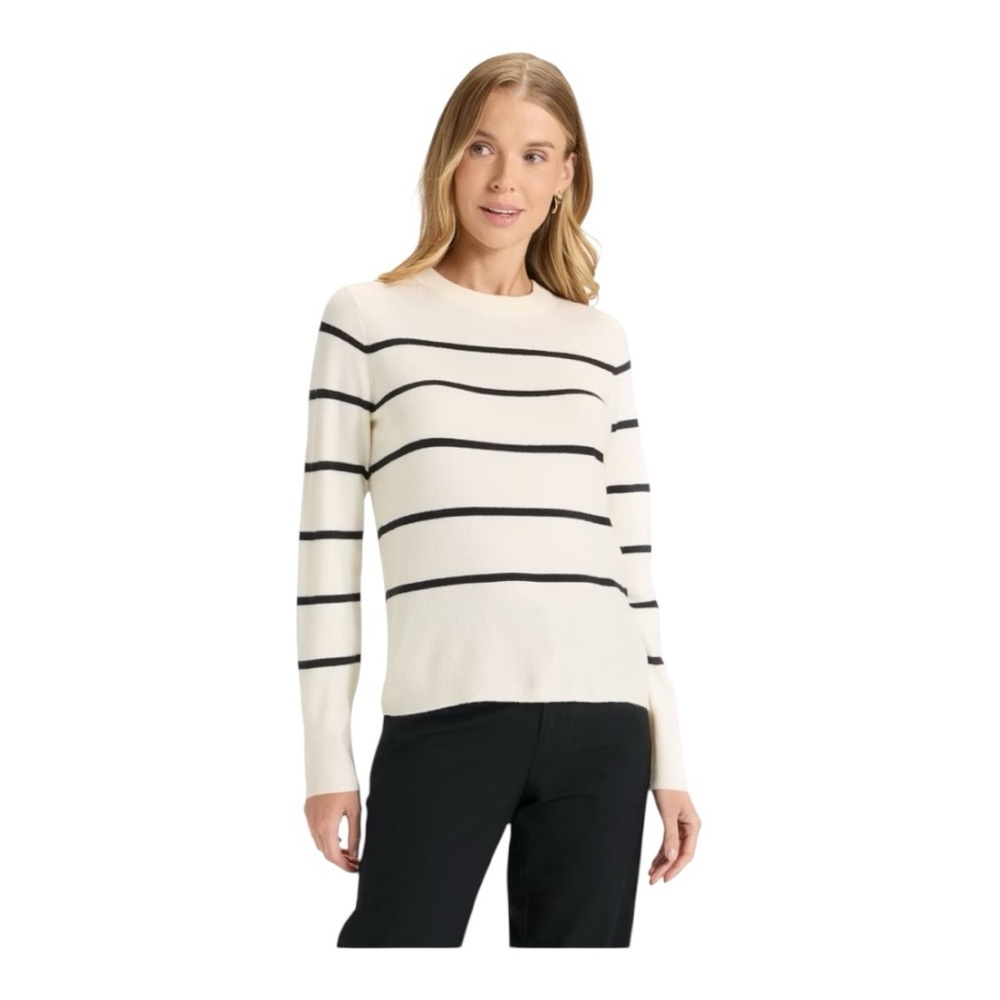 NWT Women's Slim Fit Cozy Knit Pullover Sweater- Crème and Black Striped XS